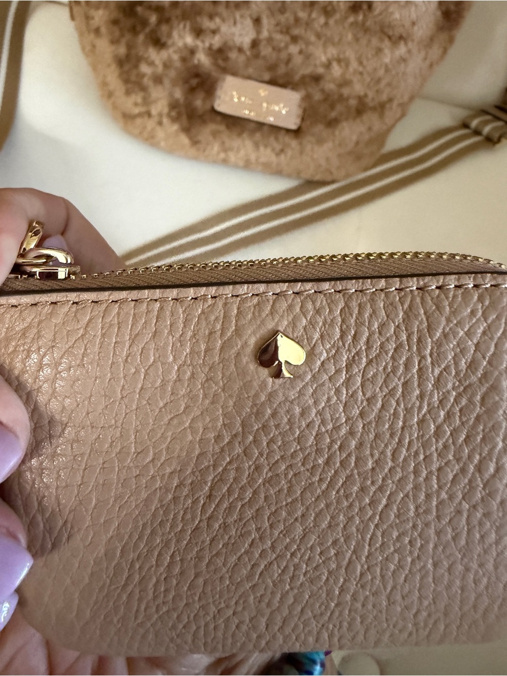 kate spade Brown Faux Fur Drawstring Crossbody w/Striped Strap with coin purse - Picture 9 of 9
